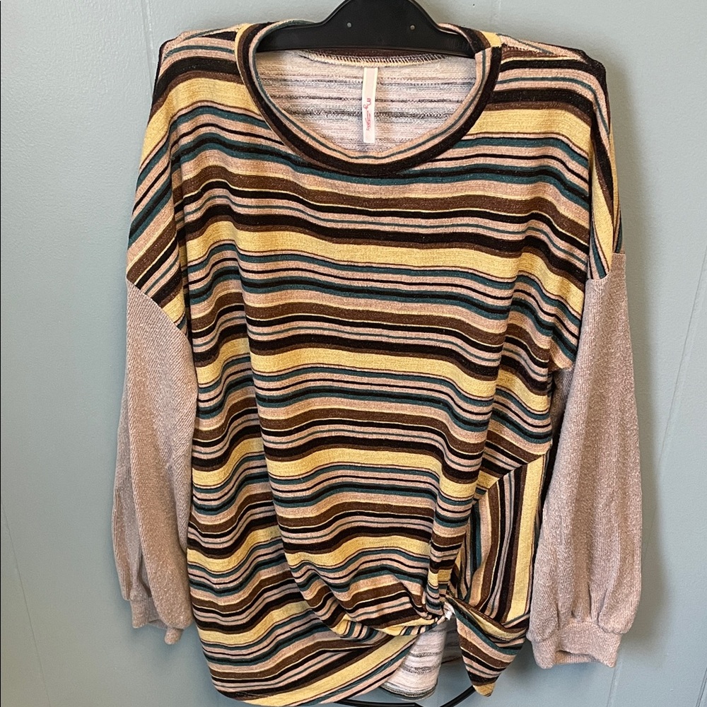 Striped Knit Twist-Hem Pullover Top - Mustard Multi